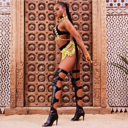🖤 Papé Allure Over-the-Knee Boots – Black Strappy Elegance